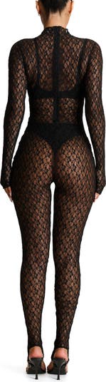Naked Wardrobe Sheer Lace Long Sleeve Stirrup Jumpsuit Nordstrom