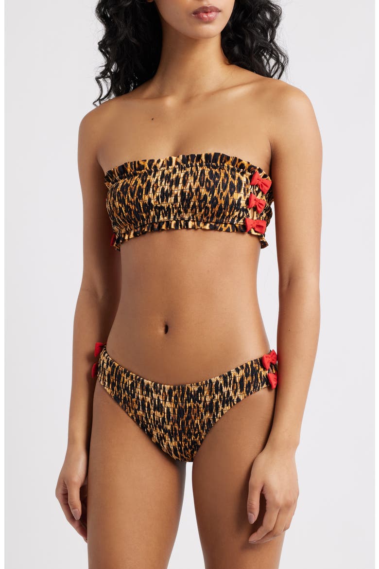 Leopard Smocked Bow Bandeau Bikini Top, Alternate, color, BROWN