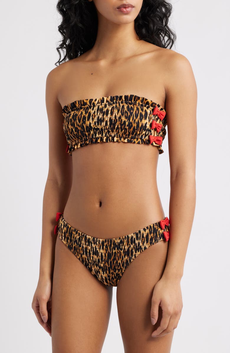 Damson Madder Leopard Smocked Bow Bandeau Bikini Top, Alternate, color, Brown