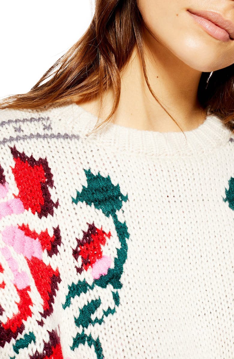 Topshop Floral Border Embroidered Sweater, Alternate, color,