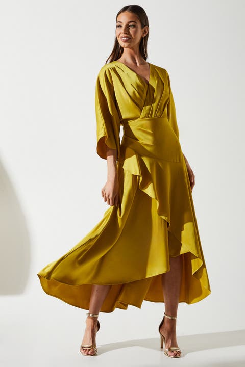 Satin Crepe Ruffle Wrap Midi Dress