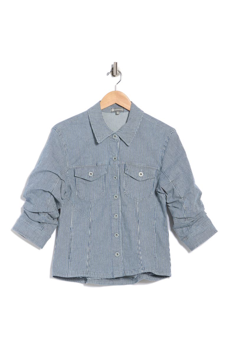 Stripe Ruched Sleeve Shirt Jacket, Alternate, color, DARK RAILROAD STRIPE