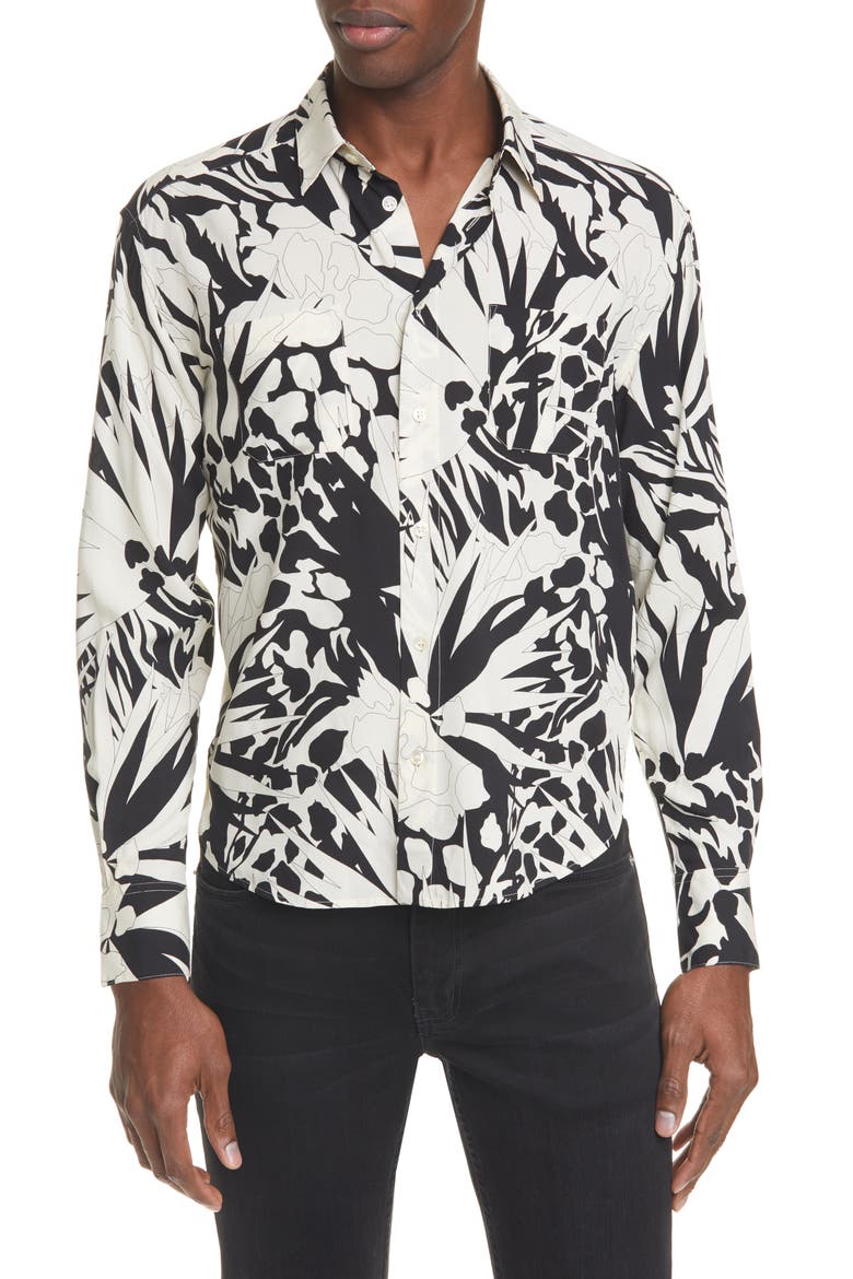 Jungle Print Button-Up Shirt, Main, color, BLACK