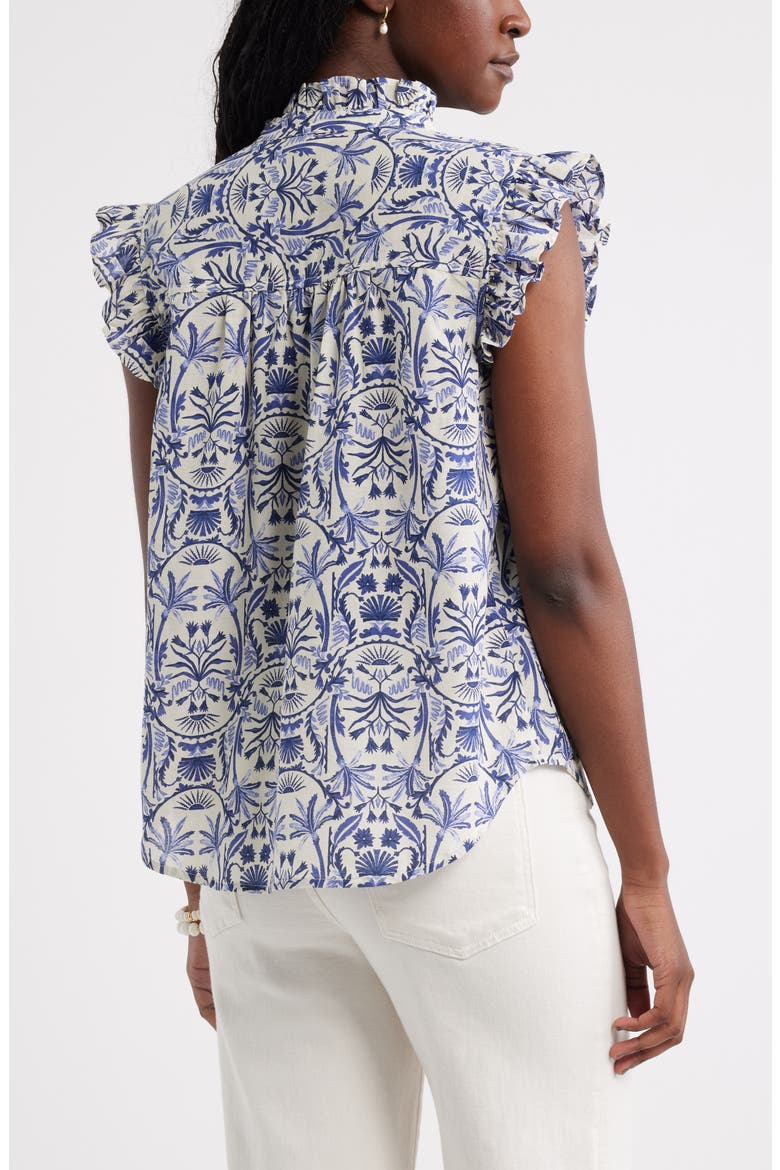 Ruffle Sleeve Cotton Blend Top, Alternate, color, IVORY- NAVY PALM FLORAL