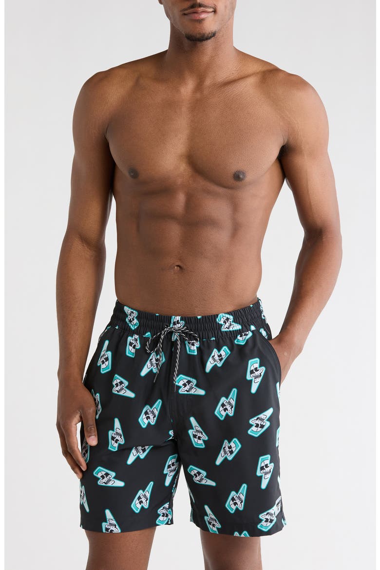 Skull Lightning Volley Swim Trunks, Main, color, BLACK