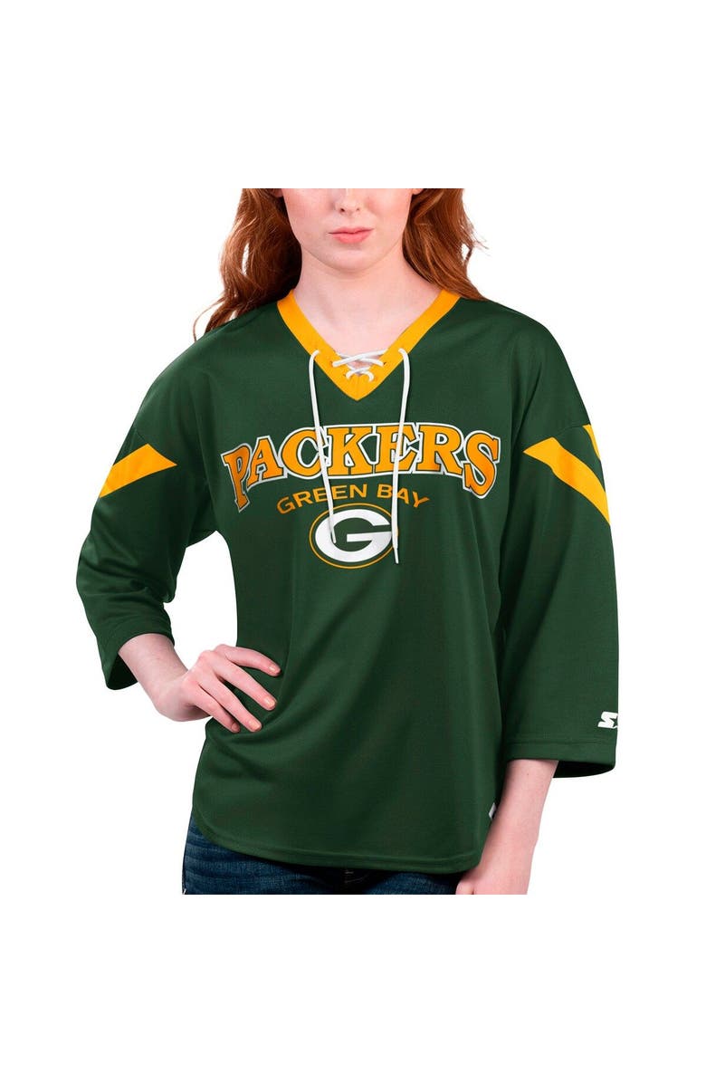 STARTER Women's Starter Green Green Bay Packers Rally Lace-Up 3/4 Sleeve T-Shirt, Main, color, Green