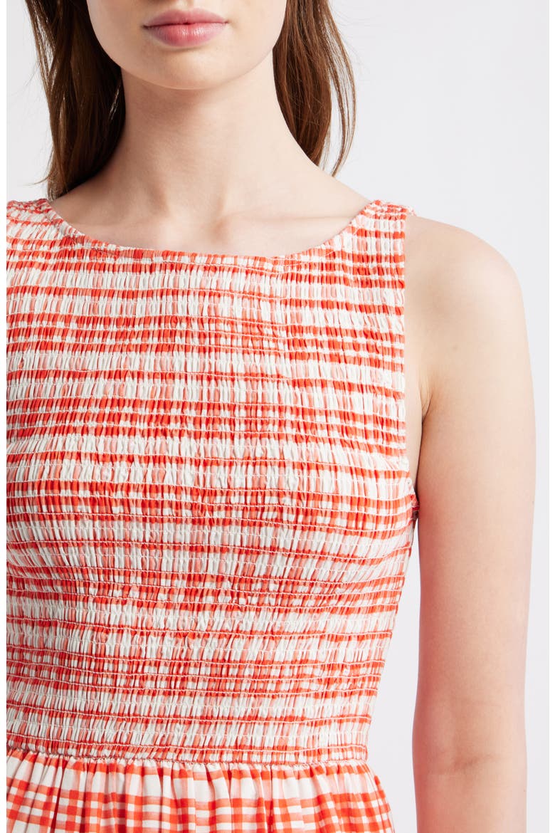 Smocked Plaid Sleeveless Midi Dress, Alternate, color, RED