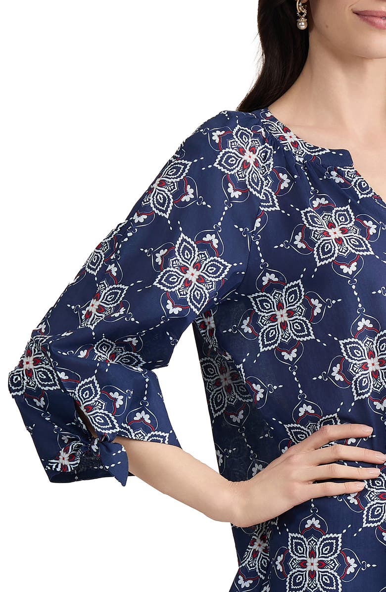 Jones New York Printed Tie Cuff Raglan Sleeve Cotton Top, Alternate, color, Pacific Navy Multi