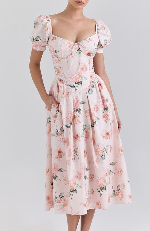 Shop House Of Cb Lulabell Puff Sleeve Midi Dress In Hydrangea And Rose Peach