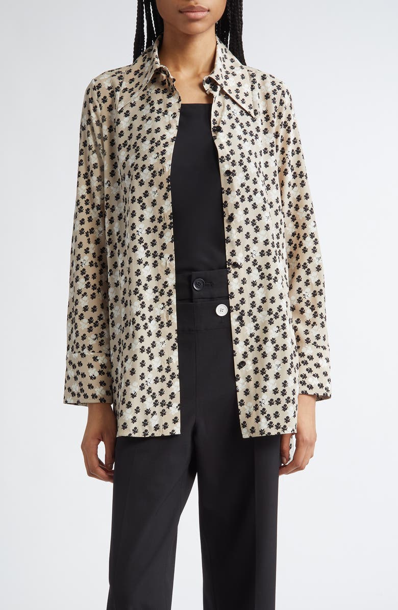 Proenza Schouler Emmeline Floral Stretch Silk Blend Button-Up Top, Main, color, Sand Multi