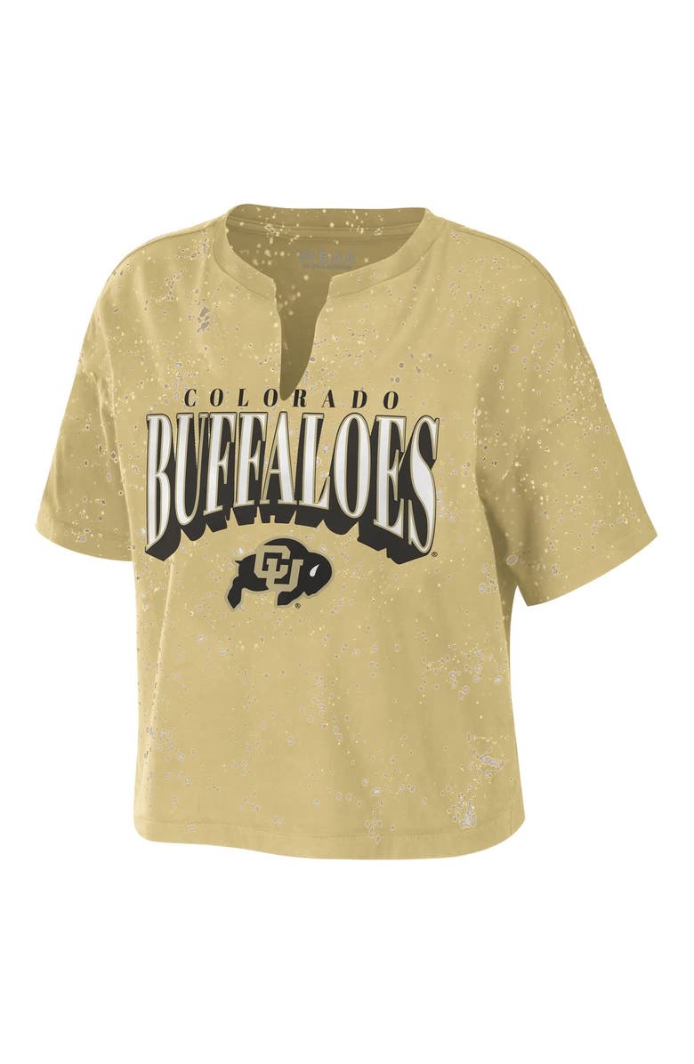 WEAR by Erin Andrews Women's WEAR by Erin Andrews Tan Colorado Buffaloes Bleach Wash Splatter Cropped Notch Neck T-Shirt, Alternate, color, Tan