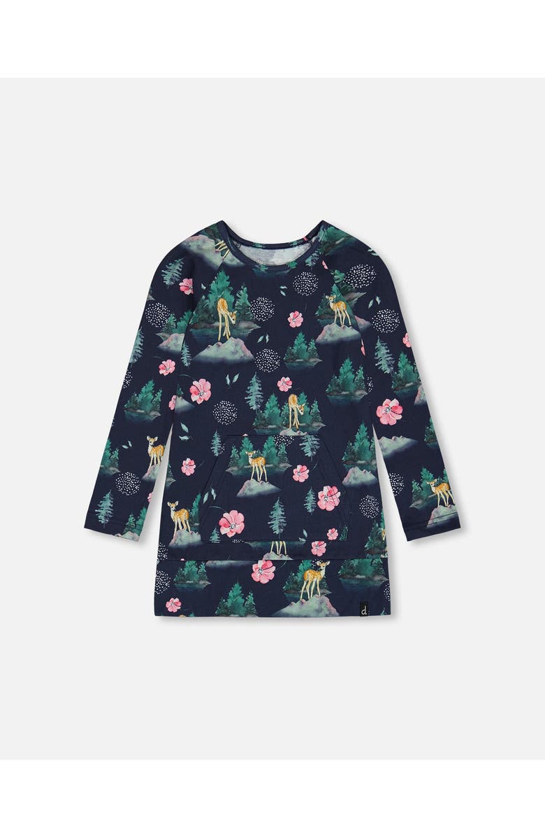 Deux par Deux Little Girl's Long Sleeve Tunic With Pocket Navy Printed Bambi, Main, color,