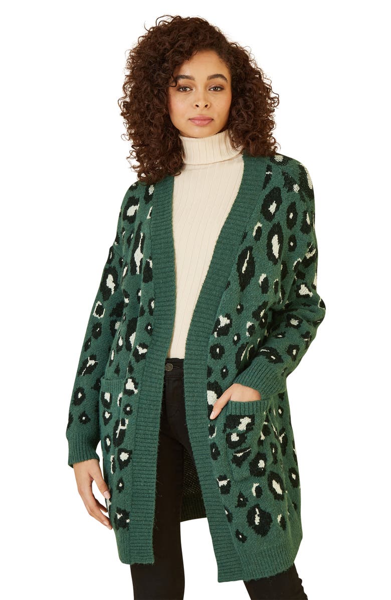 Yumi Animal Intarsia Knit Long Cardigan, Alternate, color, Green