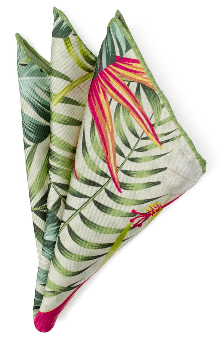 Cufflinks, Inc. Tropical Leaf Print Silk Blend Pocket Square, Main, color, Green Multi