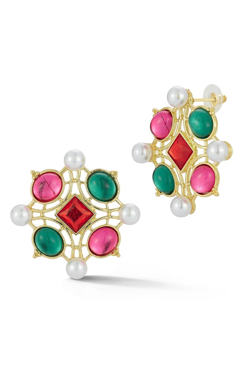 SPHERA MILANO Faux Pearl & CZ Stud Earrings, Main, color, Gold