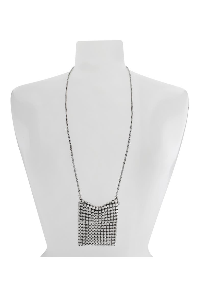 Chainmail Bag Long Pendant Necklace, Alternate, color, WARM SILVER