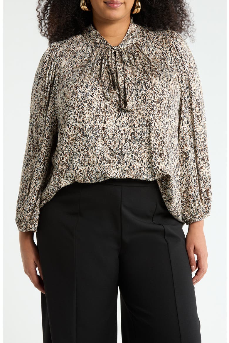 Tie Neck Long Sleeve Top, Main, color, BLACK