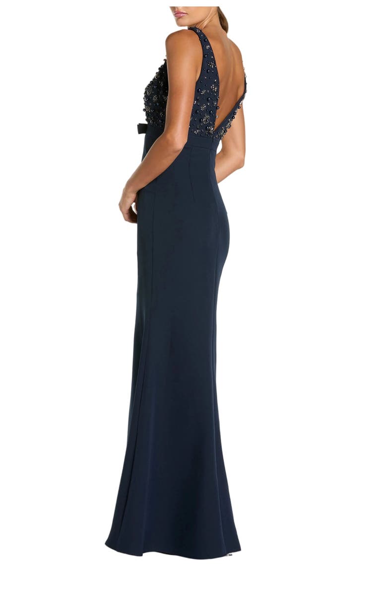 Mac Duggal Crepe Sleeveless Beaded V Neck Gown With Bow, Alternate, color, Midnight
