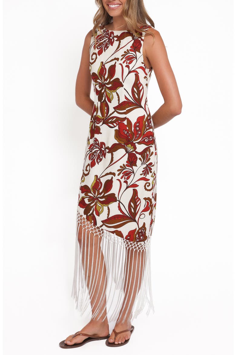 Aquarius Floral Fring Trim Dress, Alternate, color, BROWN FLORAL