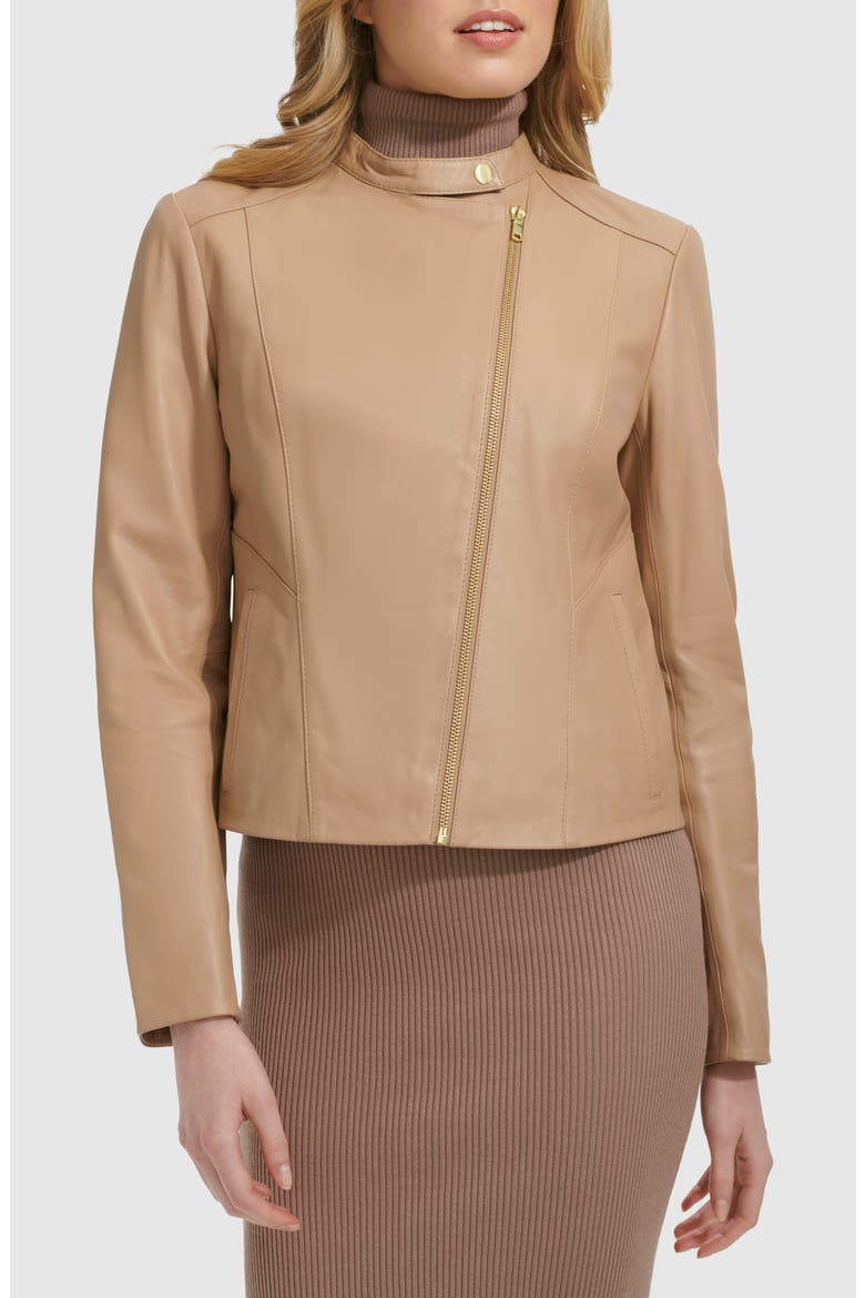 Band Collar Leather Moto Jacket, Main, color, SESAME