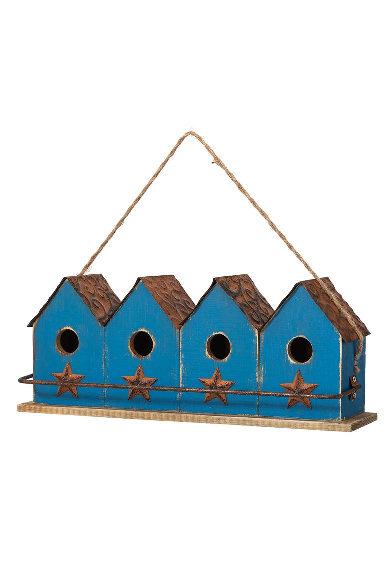 17"L Retro Blue Distressed Solid Wood Birdhouse with Perch, Alternate, color, Blue