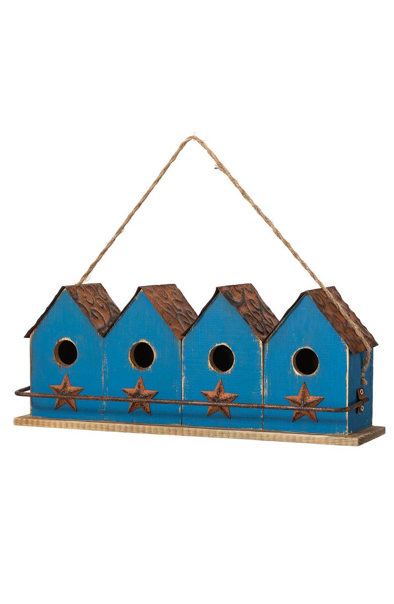 Glitzhome 17"L Retro Blue Distressed Solid Wood Birdhouse with Perch, Alternate, color, Blue