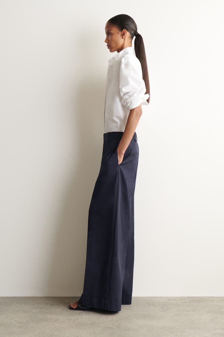 Cotton-twill Wide-leg Turn-up Pants, Alternate, color, NAVY