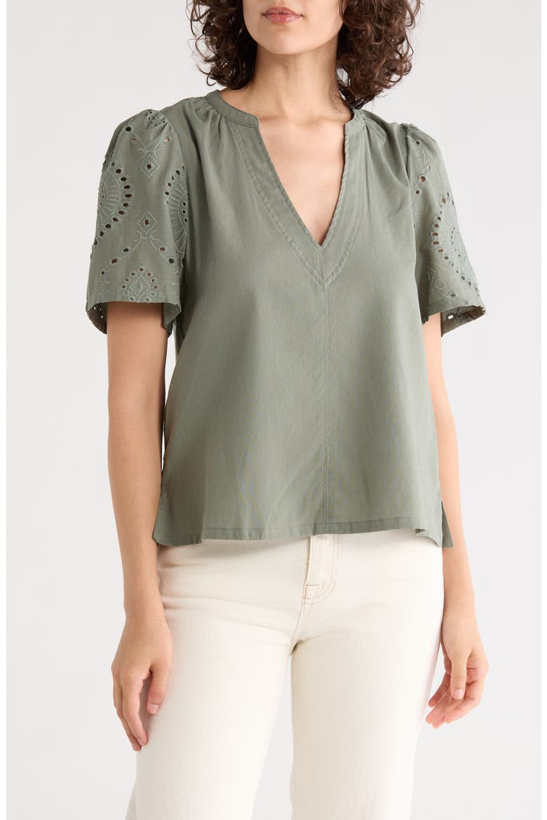 Eyelet Split Neck Top, Main, color, OLIVE GREEN