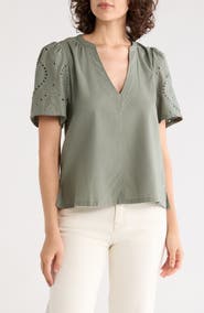 Splendid Eyelet Split Neck Top