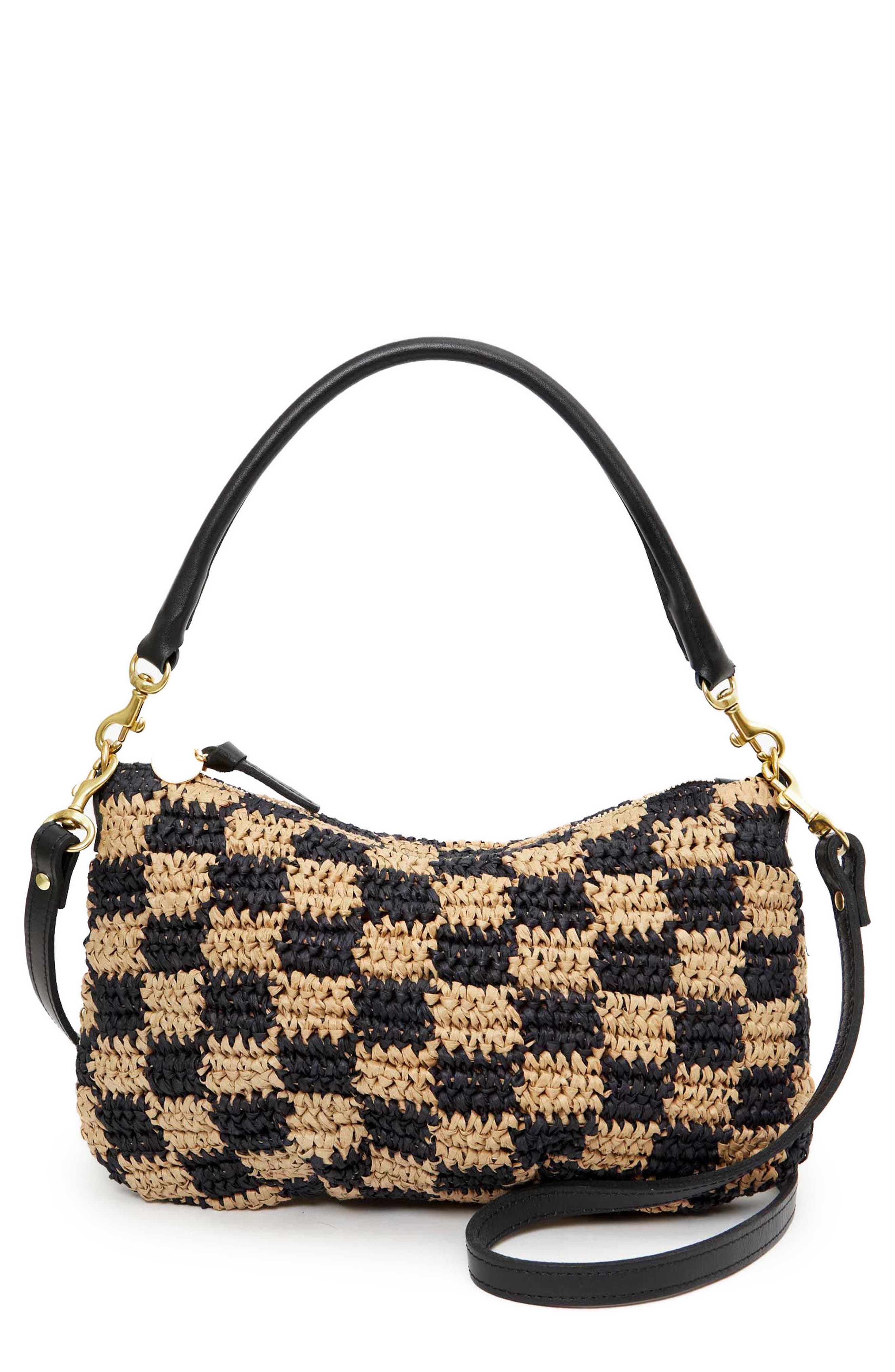 Clare V. Petit Moyen Leather Messenger Bag in Black/Natural Checker Raffia 