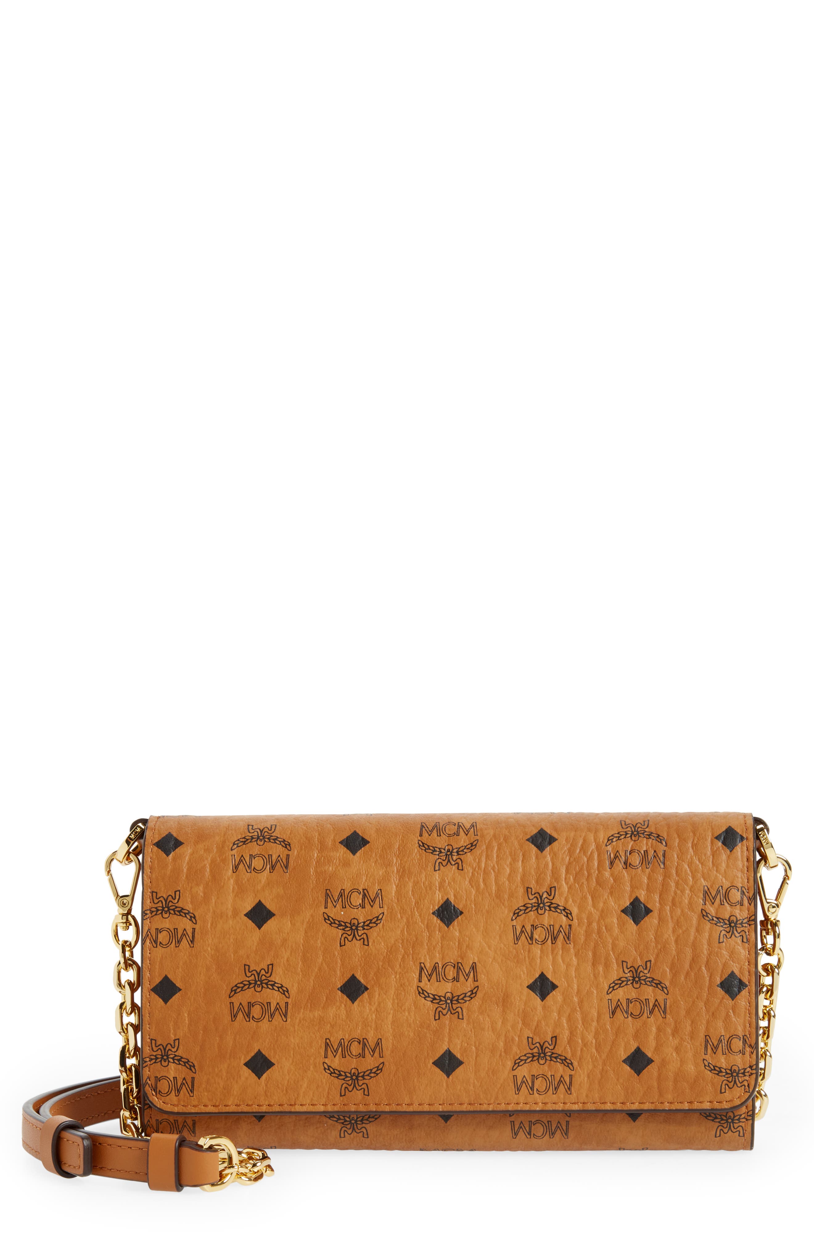 MCM Visetos Coated Canvas Crossbody Wallet, Main, color, Cognac