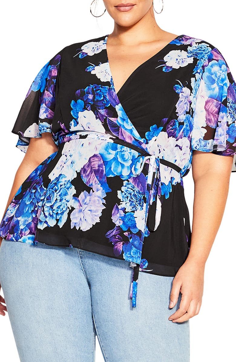 City Chic Carmen Floral Faux Wrap Top, Main, color, 