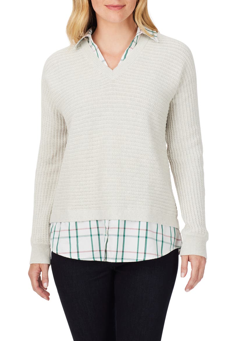 Layered Plaid Trim Cotton Sweater, Main, color, IVORY MULT