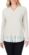 Foxcroft Layered Plaid Trim Cotton Sweater