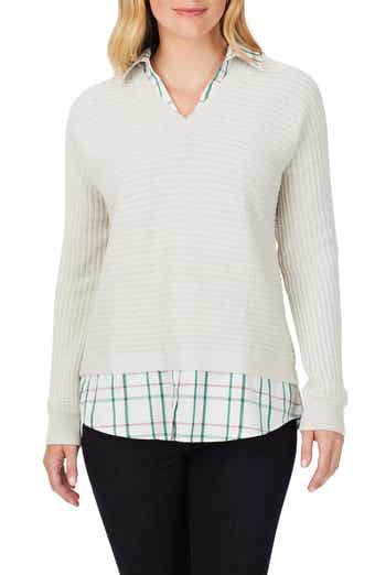 Foxcroft Layered Plaid Trim Cotton Sweater