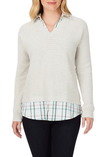 Foxcroft Layered Plaid Trim Cotton Sweater In Ivory Multi