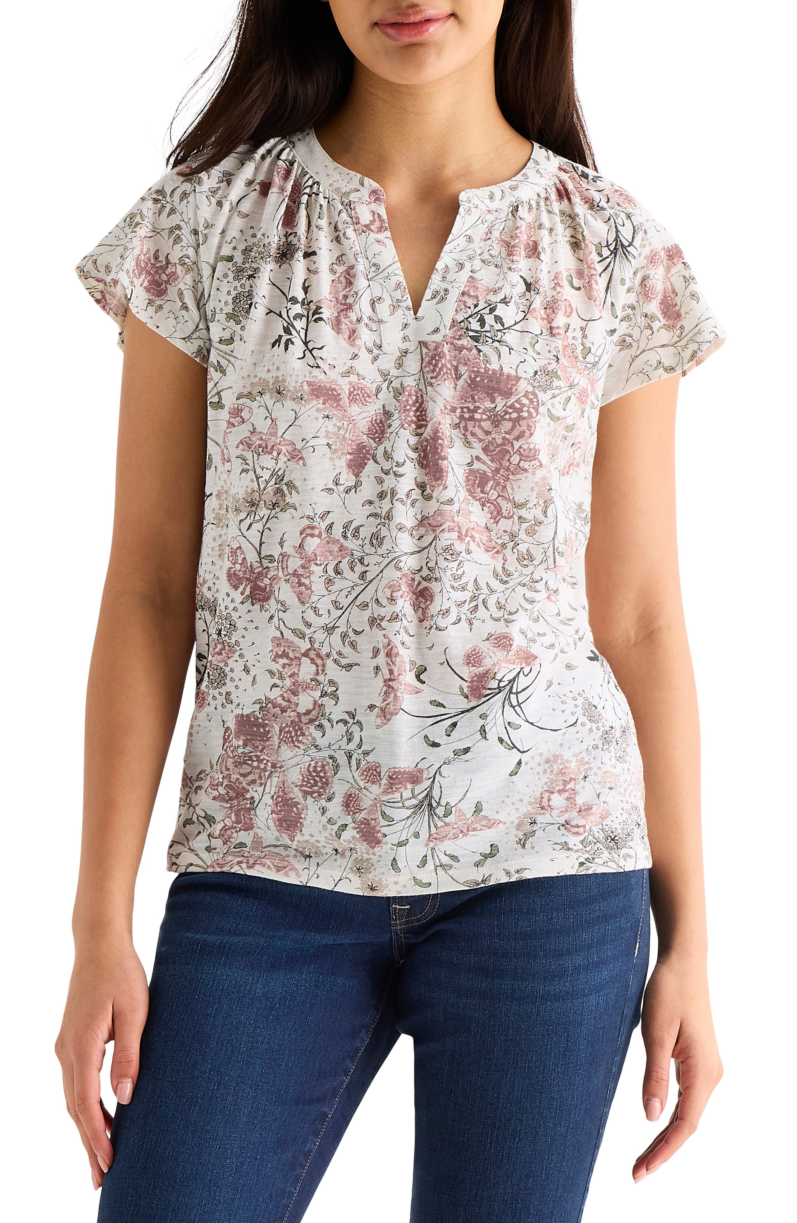 Lucky Brand Floral Split Neck Cotton Blend T-Shirt