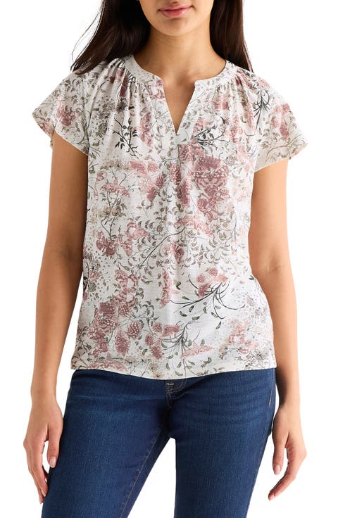 Floral Split Neck Cotton Blend T-Shirt