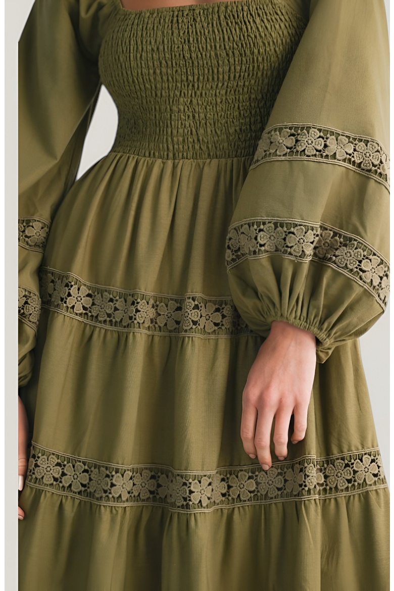 Smocked Bodice Maxi Dress with Lace Inset Tiers and Long Puff Sleeves, Alternate, color, Olive Green