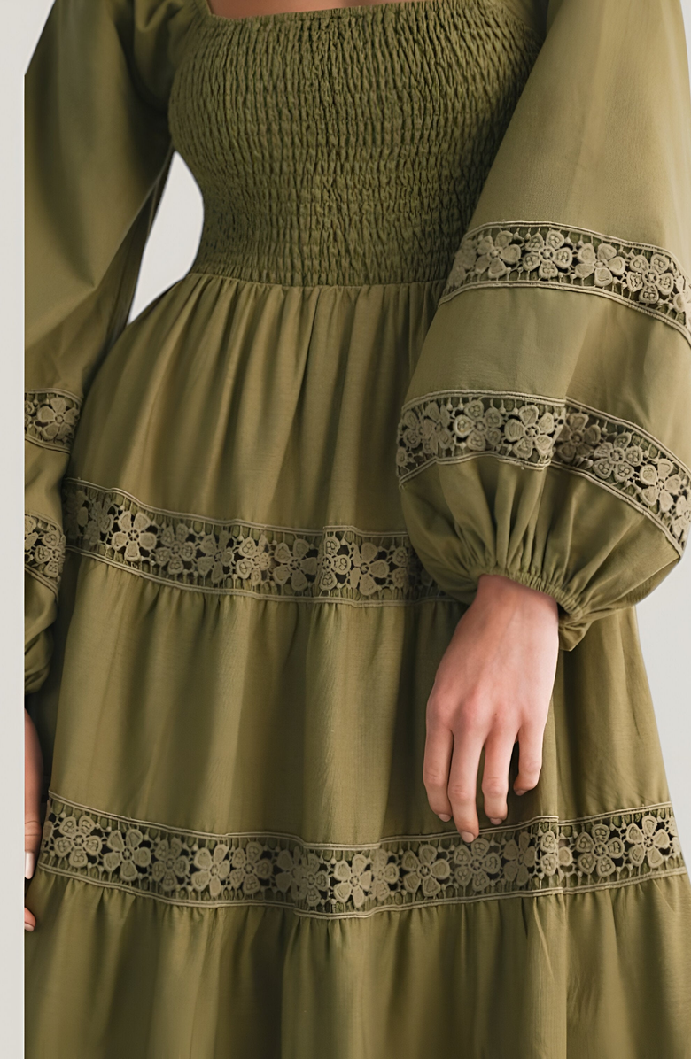 Modenaire Smocked Bodice Maxi Dress with Lace Inset Tiers and Long Puff Sleeves, Alternate, color,