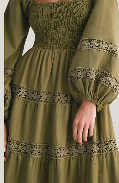 Modenaire Smocked Bodice Maxi Dress With Lace Inset Tiers And Long Puff Sleeves In Green