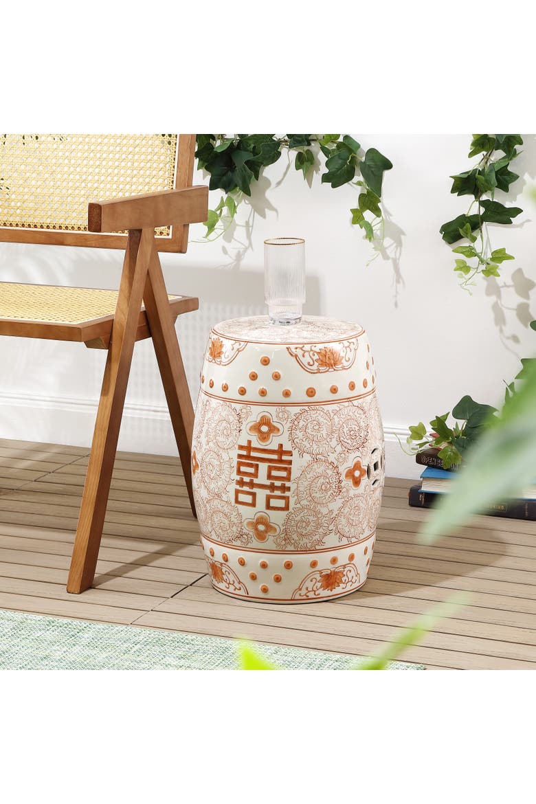 Double Happiness Traditional Ceramic Garden Stool, Indoor/Outdoor Chinoiserie Double Happiness Patio Drum Accent Side Table, Alternate, color, Orange/White