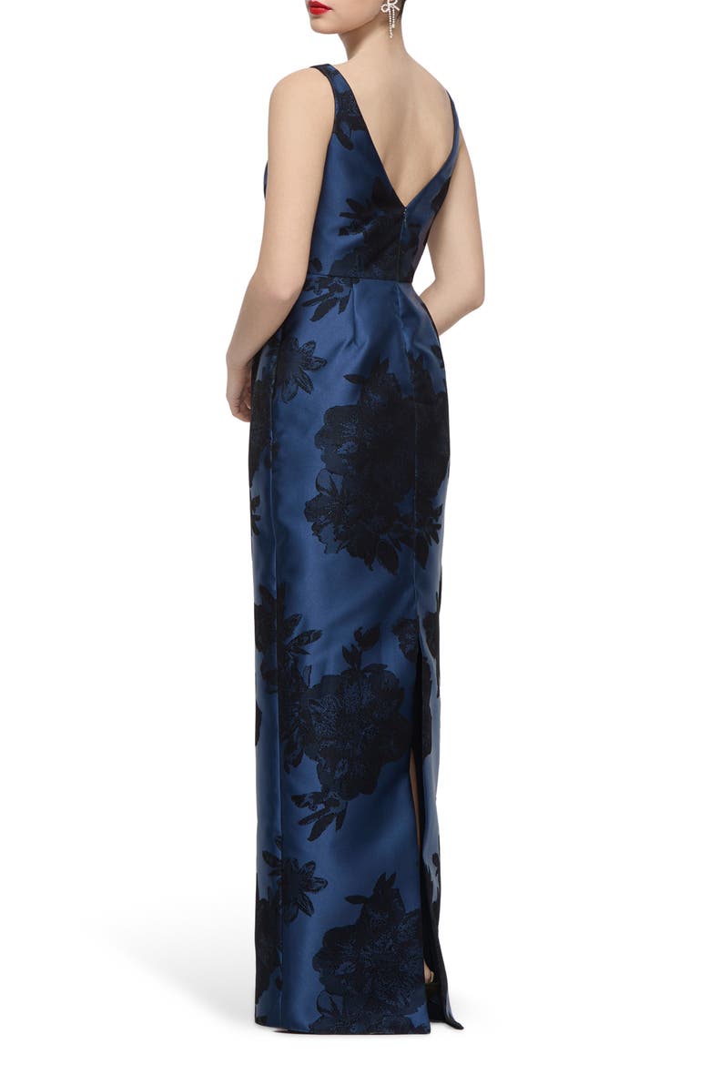 Lisette Floral Embroidered Sleeveless Satin Gown, Alternate, color, SOFT NAVY/ BLACK