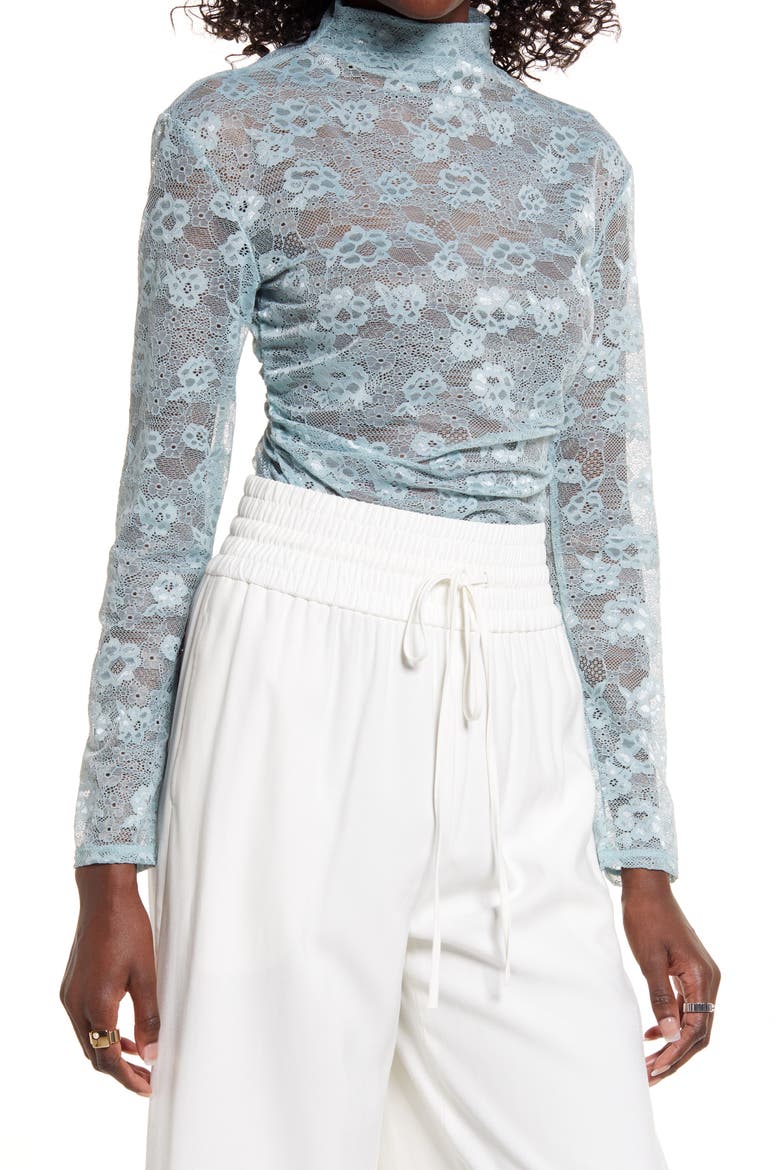Ruched Lace Top, Main, color, TEAL MIST