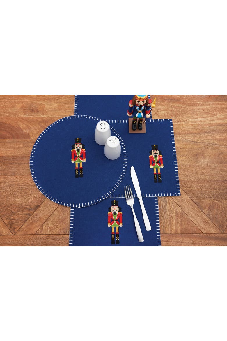 Christmas Solid Blue Nutcracker Felt Round Set of 6 Placemats 14", Alternate, color, Blue
