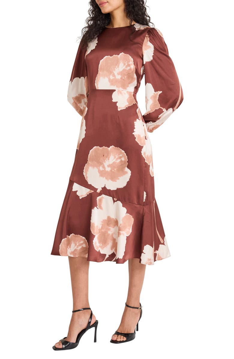 Maggy London Floral Long Sleeve Midi Dress, Alternate, color, Brown/ Beige