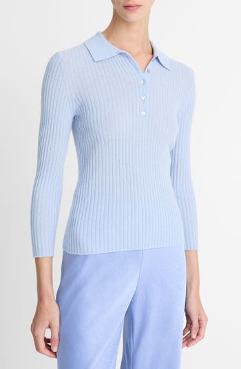 Shop Vince Long Sleeve Cashmere & Silk Rib Polo Sweater