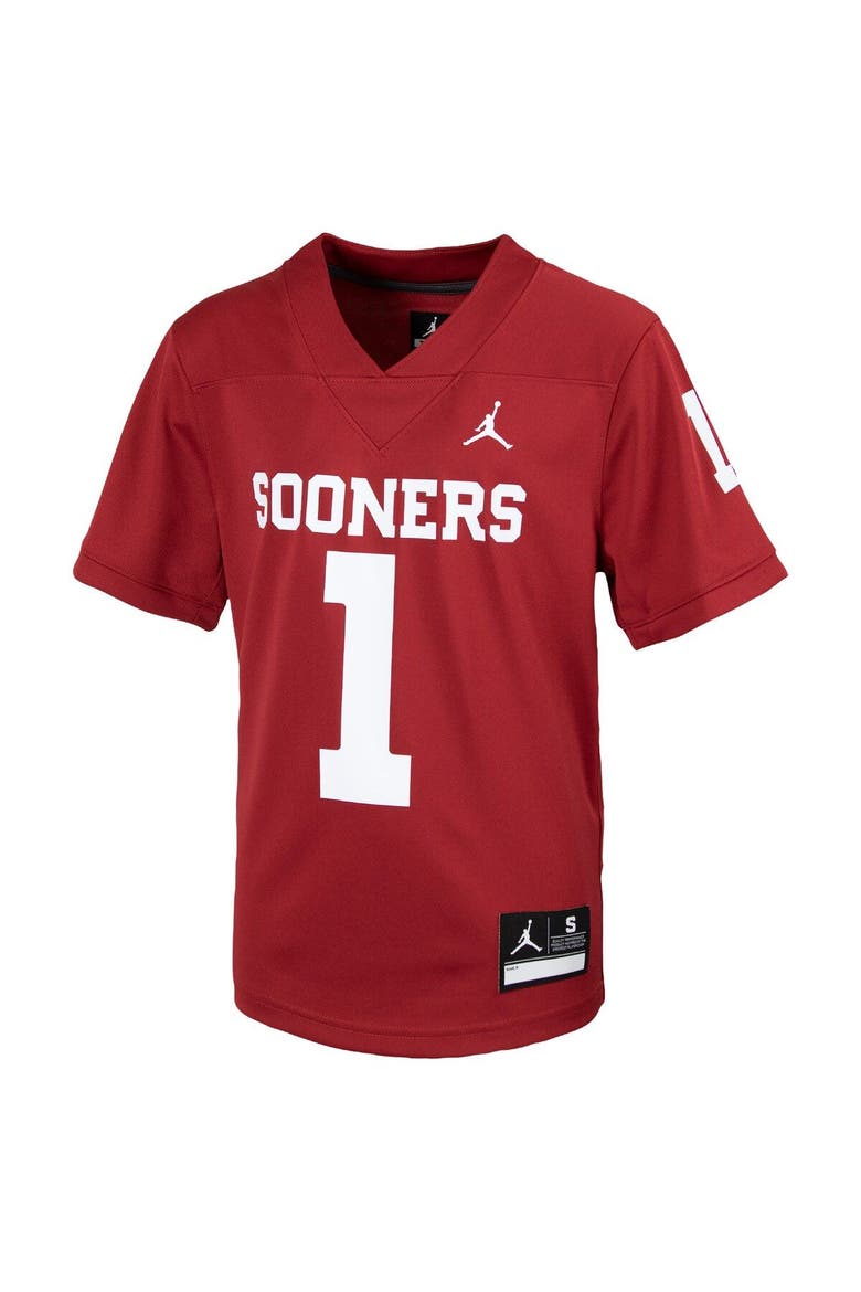 Youth Jordan Brand #1 Crimson Oklahoma Sooners 1st Armored Division Old Ironsides Untouchable Football Jersey, Alternate, color, Crimson