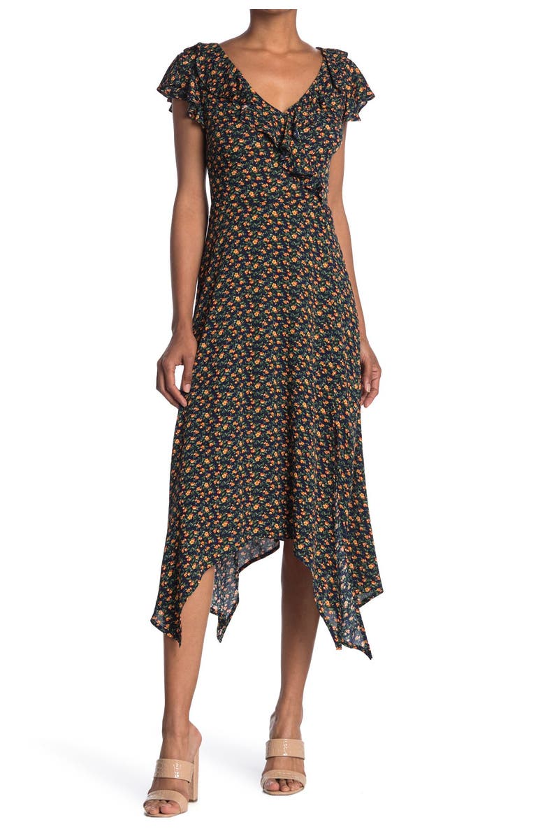 KENEDIK Floral Ruffled Handkerchief Hem Midi Dress, Main, color,