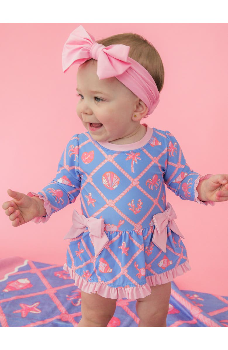 RuffleButts UPF50+ Long Sleeve One Piece Bow Peplum Rash Guard Swimsuit, Alternate, color, Tropical Trellis